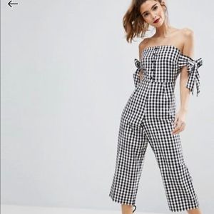 ASOS off shoulder jumpsuit w tie sleeve in gingham